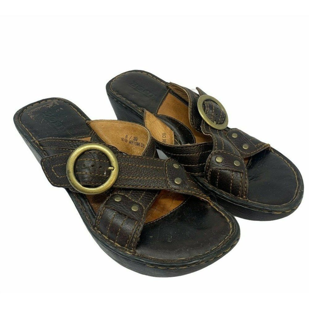 Born Brown Pebbled Leather Cross Strap Wedge Heel Sandals Buckle Size 8 W81086
